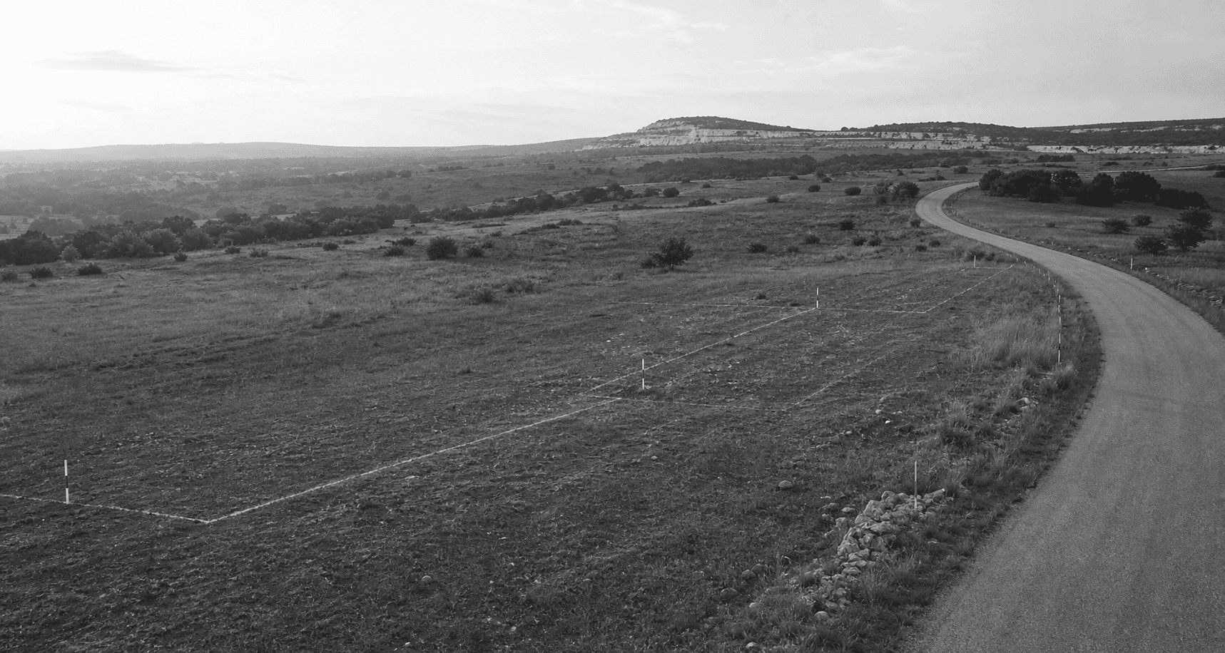 Black and white aerial view of Central Texas land prepared for development